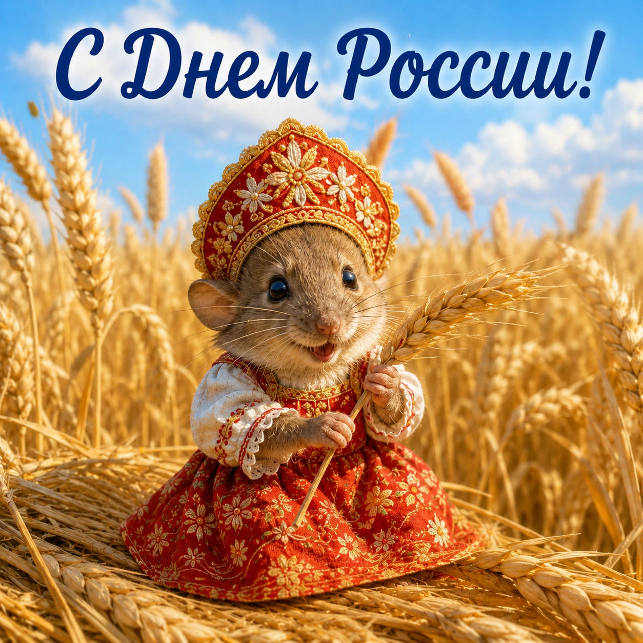 Мышка-полевка в сарафане среди колосьев