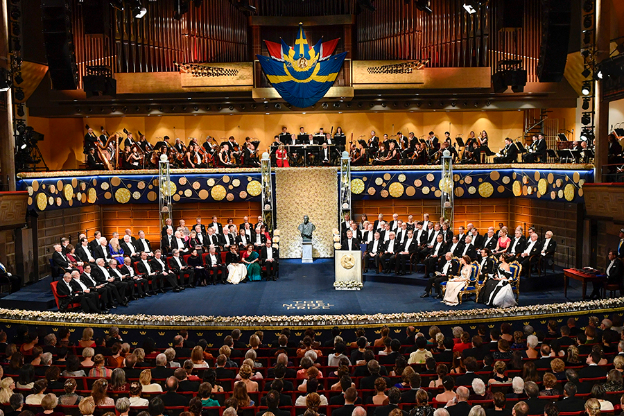 epa08060089 A general view over The Nobel Prize award ceremony at Stockholm Concert Hall, in Stockholm, Sweden, 10 December 2019. EPA/Henrik Montgomery SWEDEN OUT