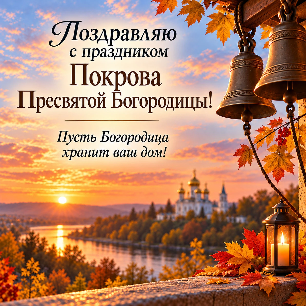 Открытка с Покровом Пресвятой Богородицы с пожеланием «Пусть Богородица хранит ваш дом!»