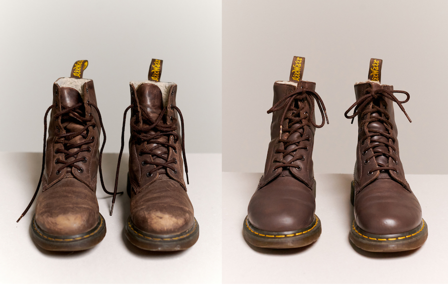 Пара обуви до и после реставрации