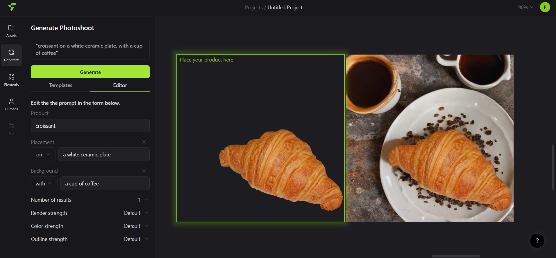 Нейросеть Flair AI сгенерировала продуктовую фотографию по тексту &laquo;croissant on a white ceramic plate, with a cup of coffee&raquo;.
