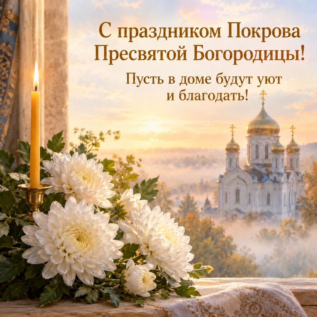 Открытка к Покрову Пресвятой Богородицы с белыми хризантемами