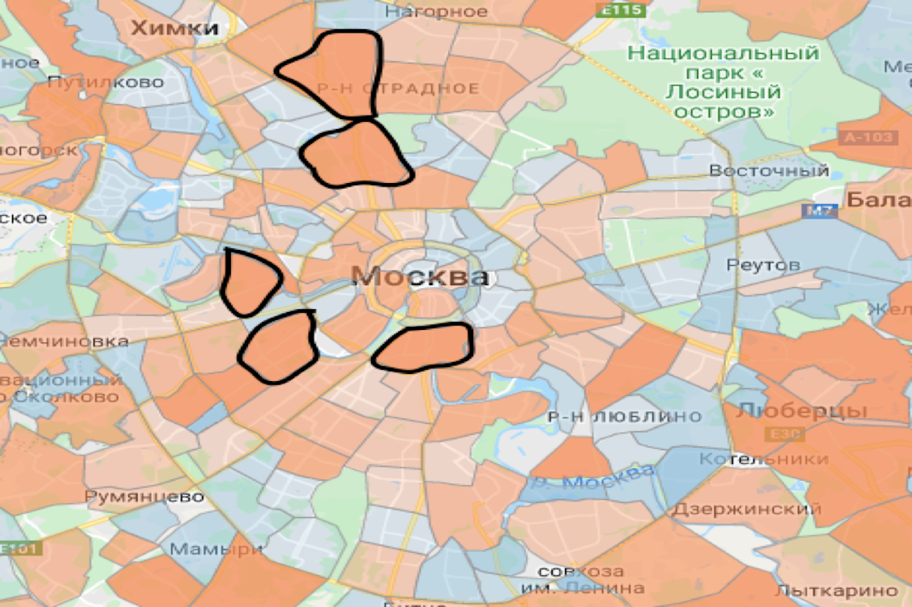Топ-5 районов Москвы с высоким уровнем предложения: Филевский парк, Даниловский, Раменки, Тимирязевский и Восточное Дегунино.