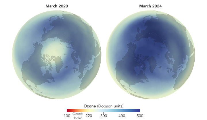 Озоновый слой в 2020 и 2024 годах