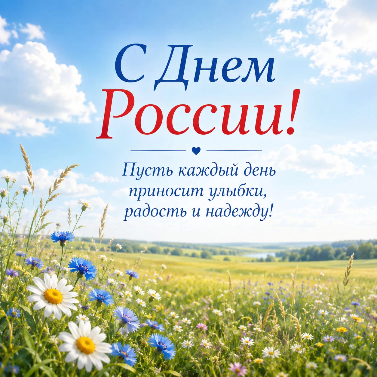 Открытка с полем цветов и надписью «С Днем России!»