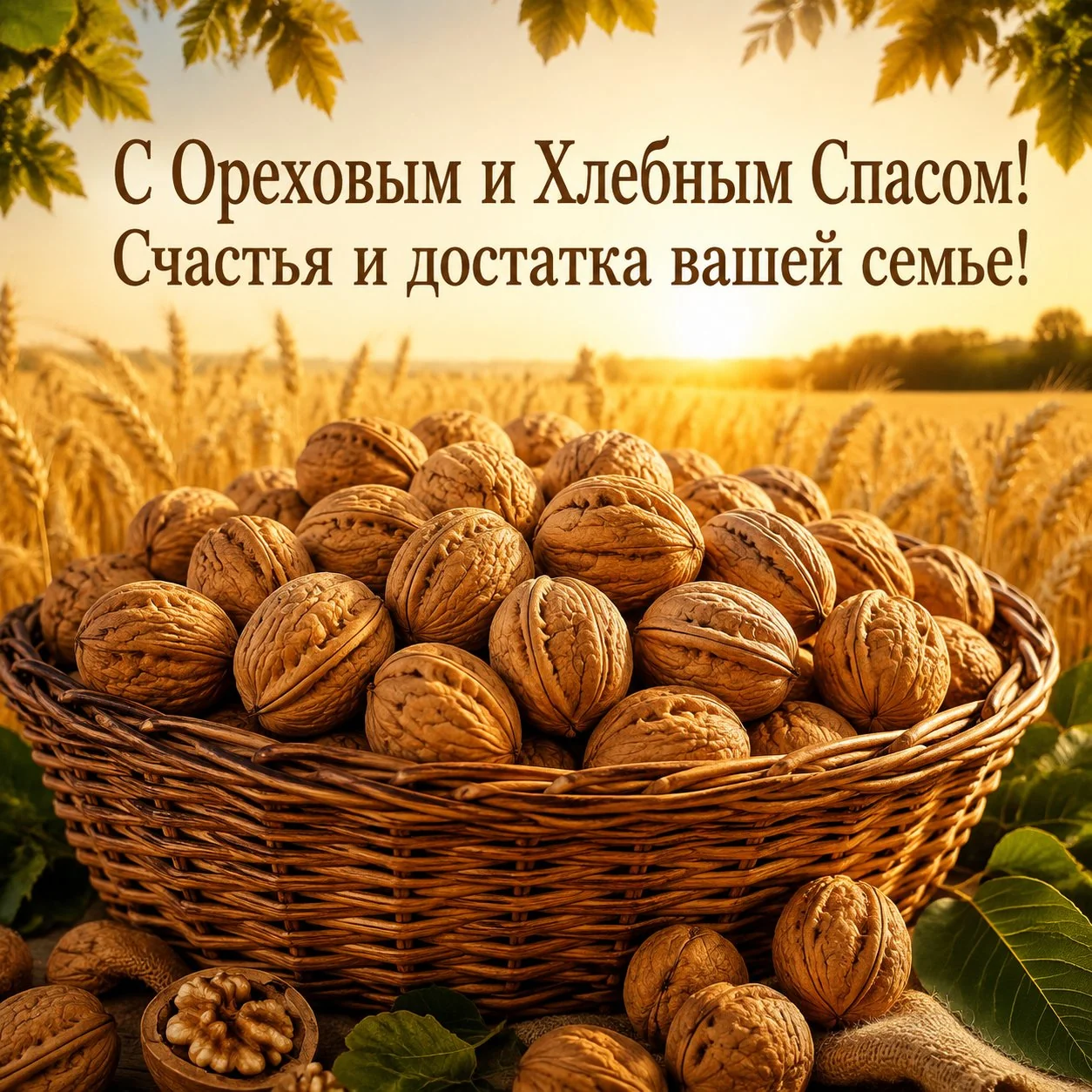 Открытка с Ореховым и Хлебным Спасом с корзиной орехов на фоне пшеничного поля