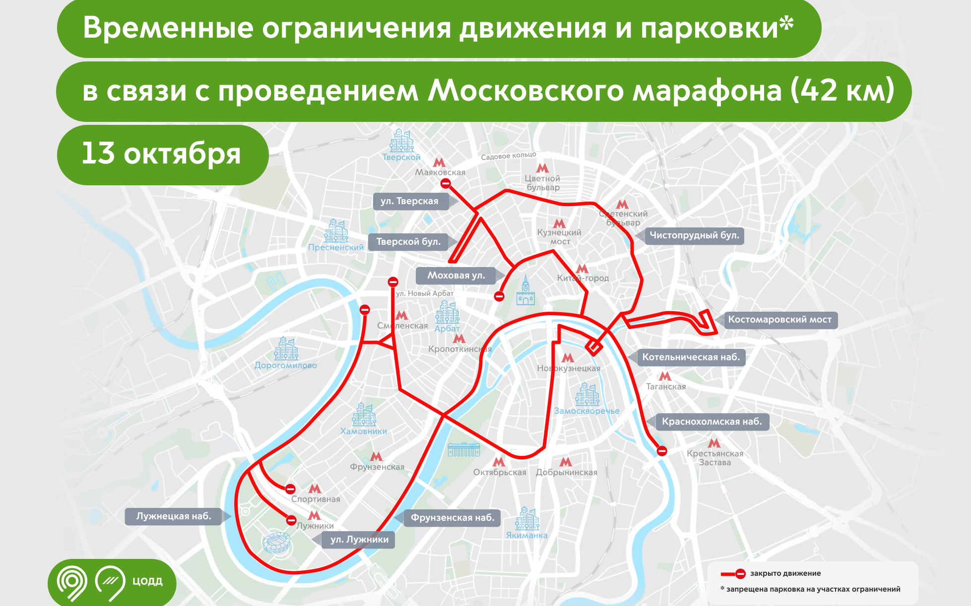 Перекрытия движения на улицах Москвы 13 октября на время проведения Московского марафона