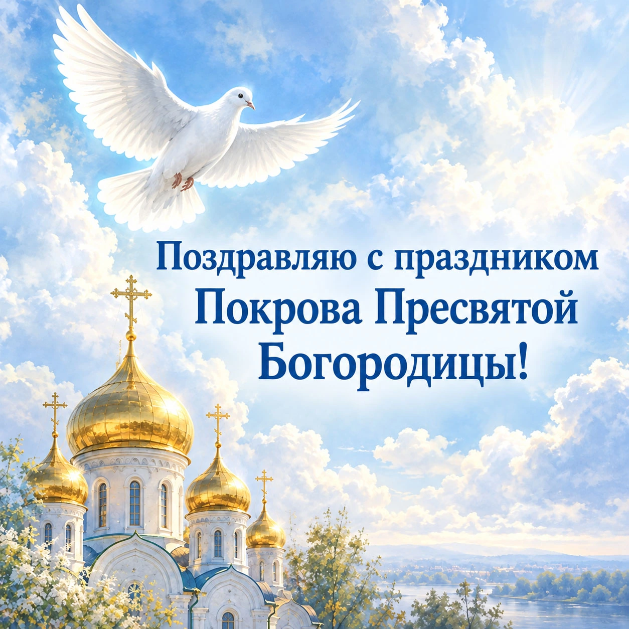 Открытка с Покровом Пресвятой Богородицы и белым голубем