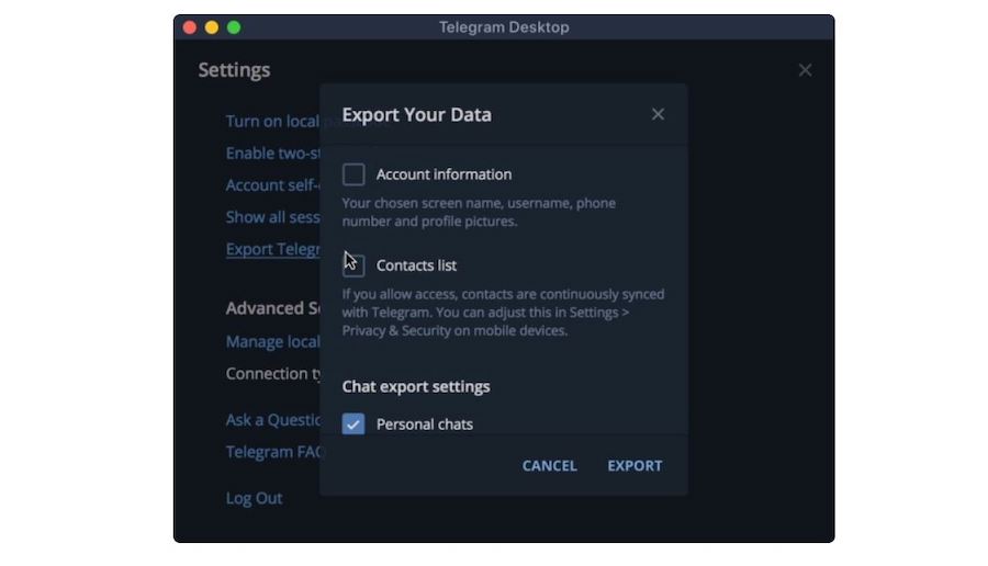 Зайти в меню &laquo;Настройки&raquo;, выбрать экспорт всех чатов

