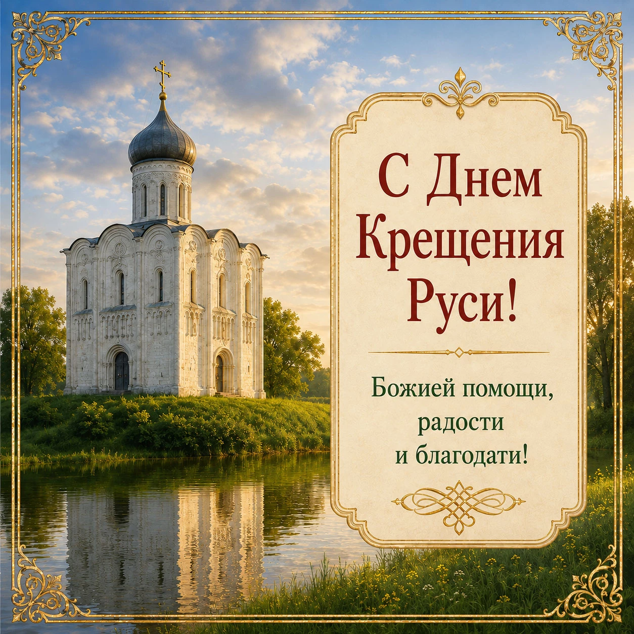 Православная открытка на День Крещения Руси с пожеланием Божией помощи, радости и благодати