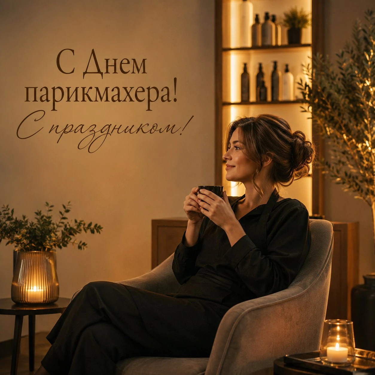 Уютная открытка с Днем парикмахера с мастером