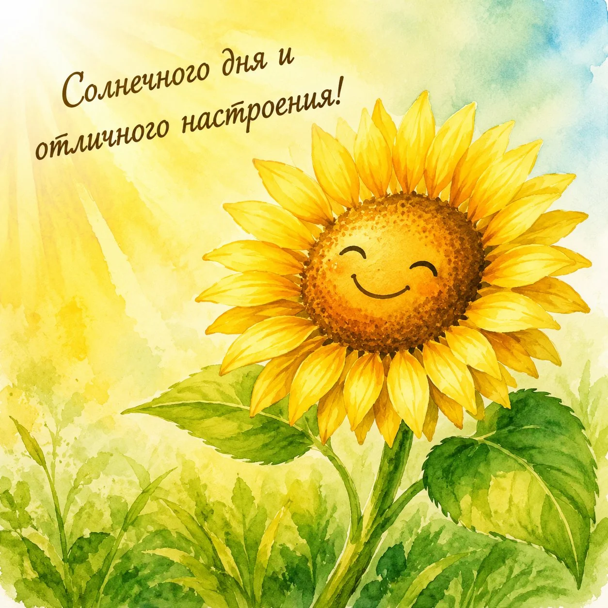 Милая открытка с пожеланием солнечного дня и отличного настроения