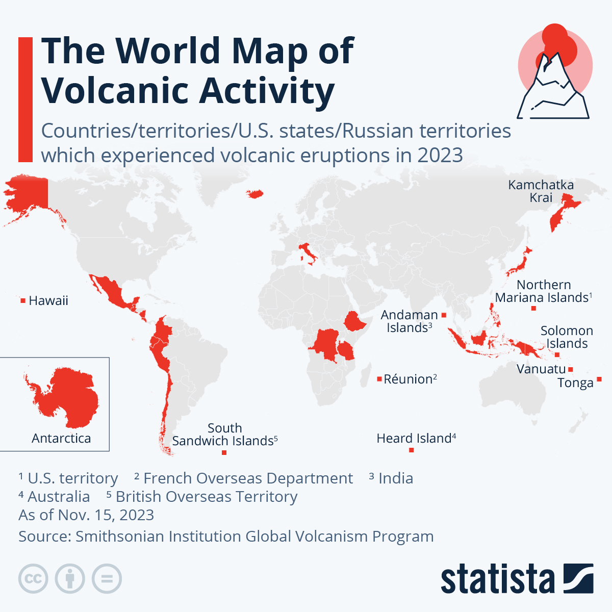 Карта извержений вулканов в 2023 году