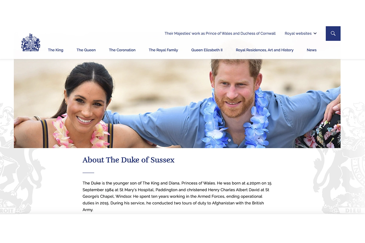 <p>Новая&nbsp;страница&nbsp;принца Гарри и Меган Маркл на&nbsp;сайте&nbsp;королевской семьи Royal.UK</p>