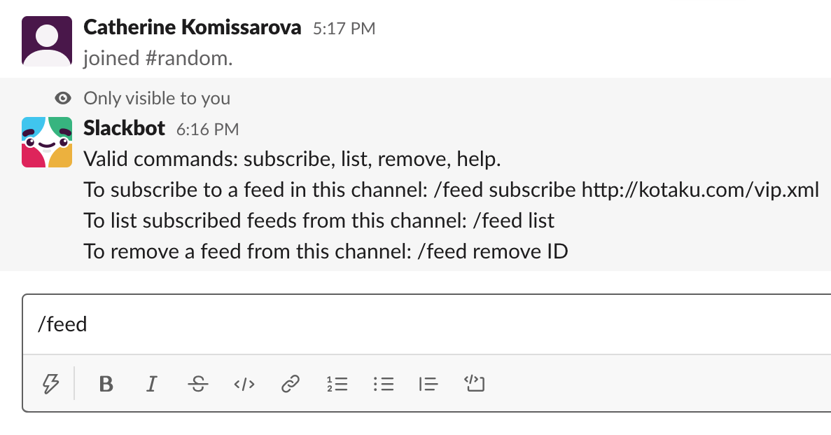 Команды feed subscribe, feed remove и feed list позволяют добавлять и удалять RSS, а также просмотреть все активные RSS-подписки соответственно