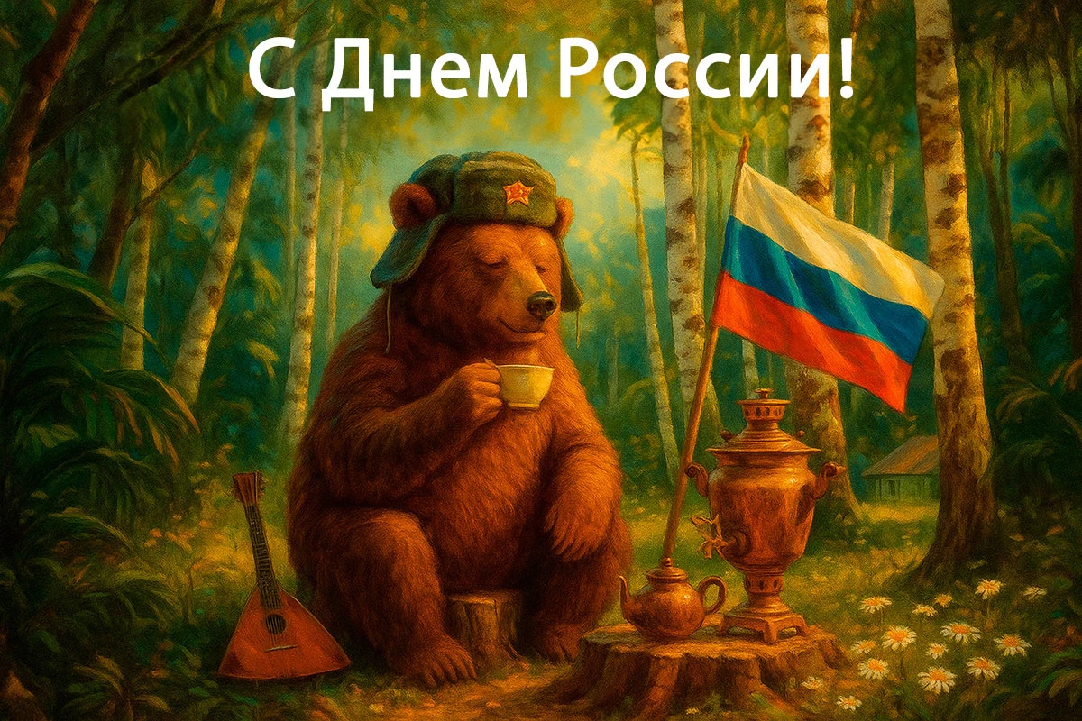 Медведь в шапке-ушанке пьет чай на пеньке