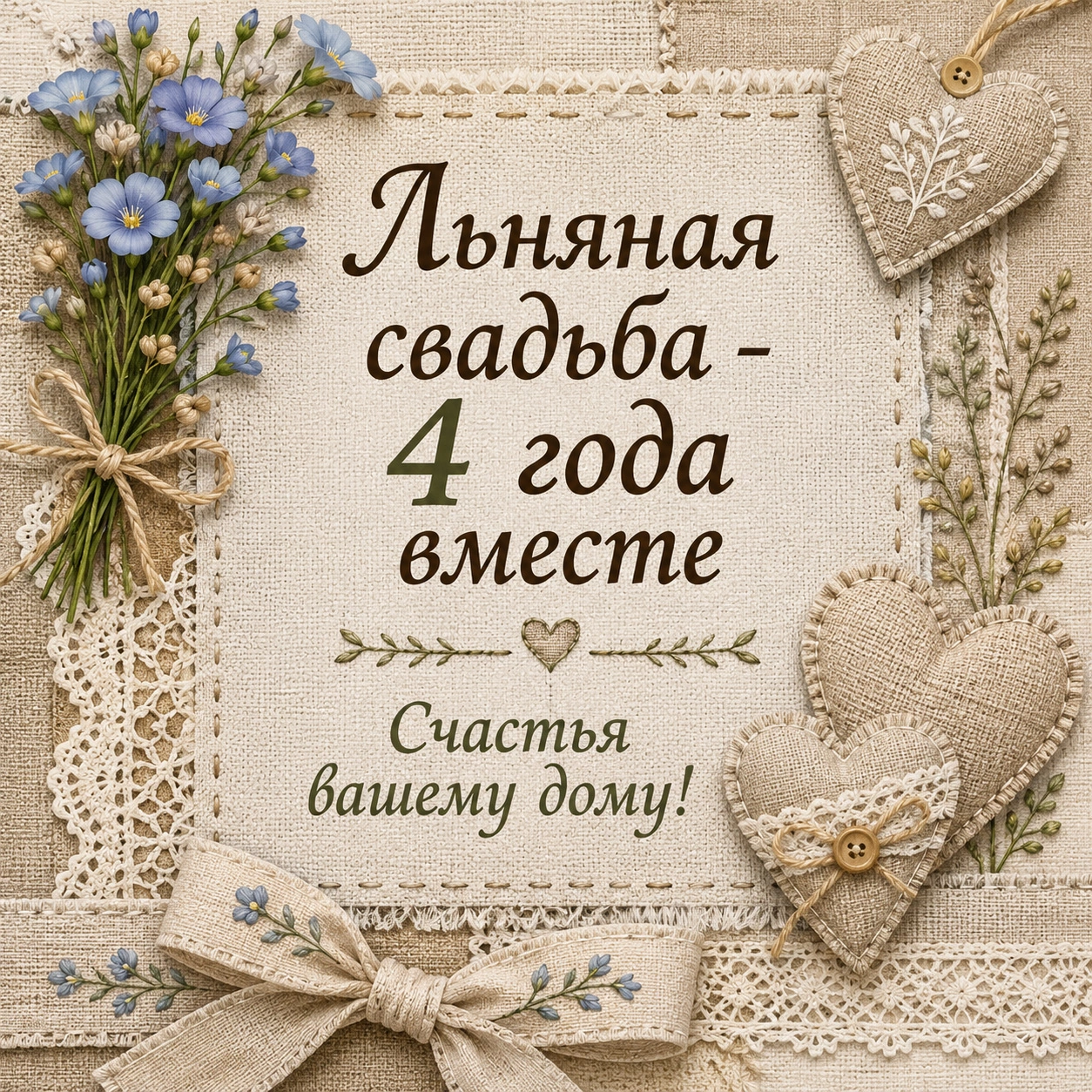 Открытка с поздравлением «С льняной свадьбой! Счастья вашему дому!»
