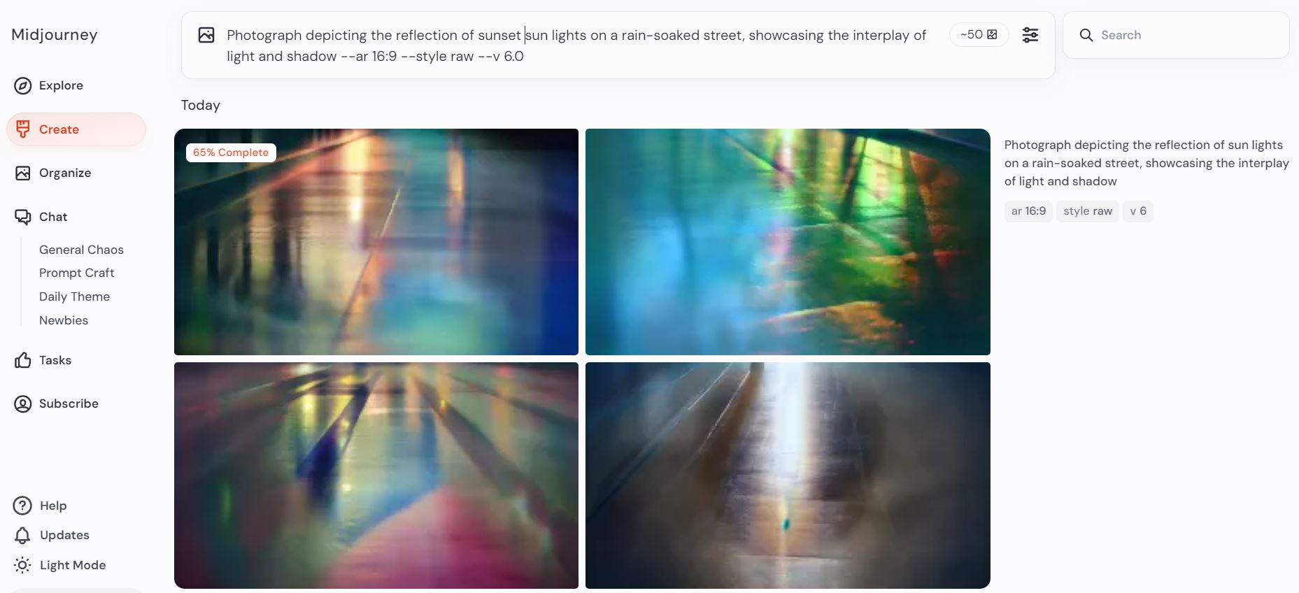 Вводим запрос &laquo;Photograph depicting the reflection of sunset sun lights on a rain-soaked street, showcasing the interplay of light and shadow&raquo;