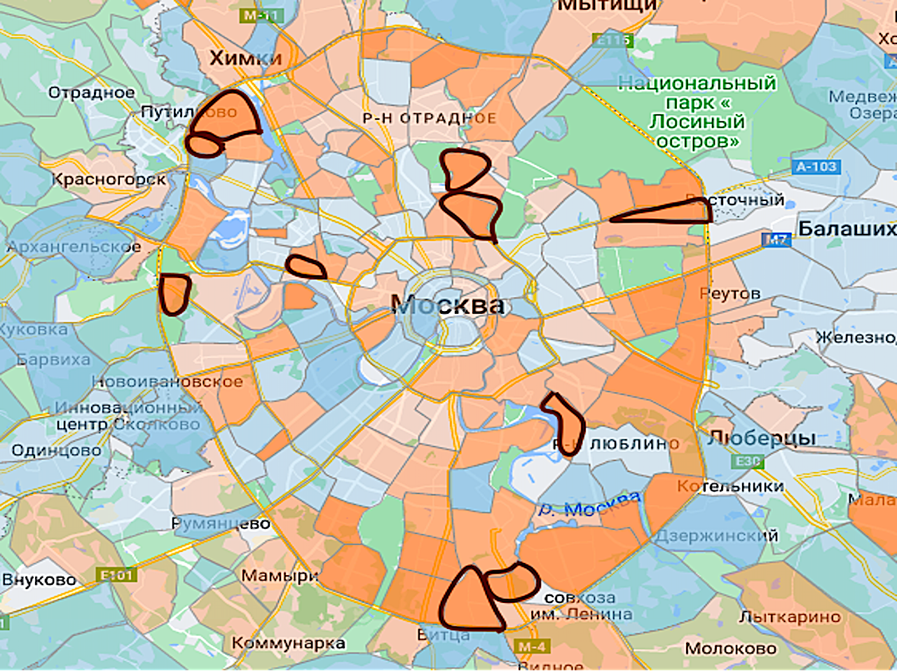 Районы Москвы с минимальным сроком продаже на карте&nbsp;