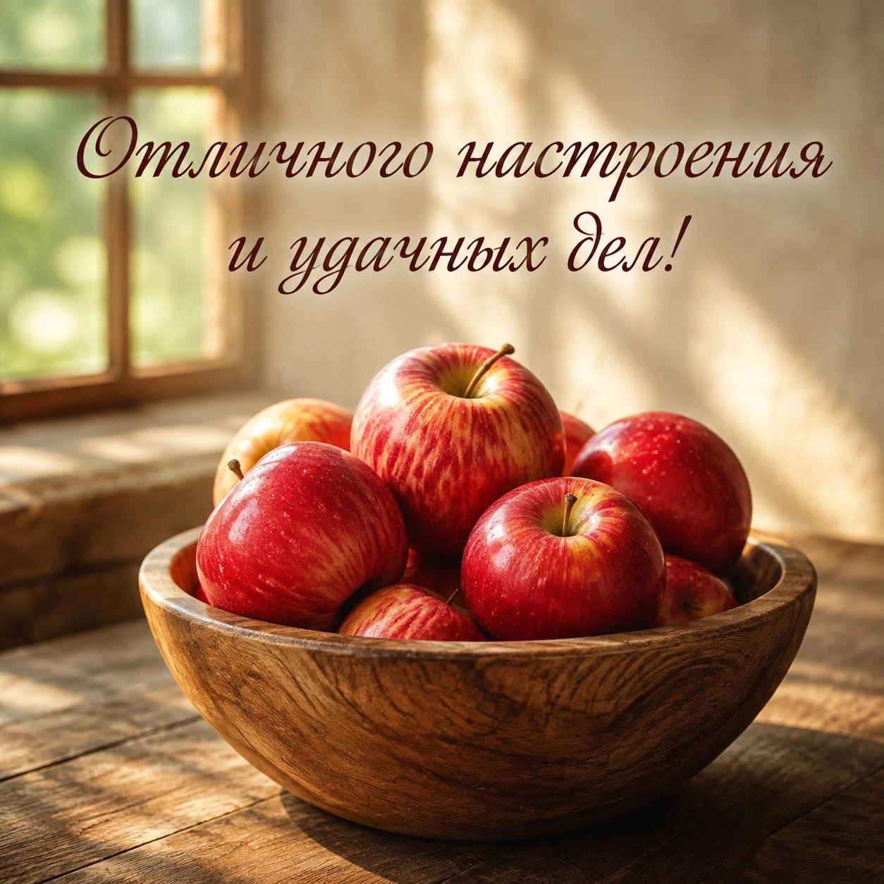 Открытка с яблоками и пожеланием отличного настроения