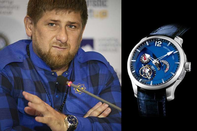 Рамзан Кадыров, глава Чеченской республики

Марка и модель часов: GreubelForsey, Tourbillon 24 Secondes Contemporain

Страна производства: Швейцария

Стоимость: $280&nbsp;тыс.

Семейный доход в 2014&nbsp;году: 8,2&nbsp;млн руб. ($213,5 тыс. по среднему курсу за 2014 год)

Часов этой модели выпущено всего 33 штуки&nbsp;&mdash;&nbsp;маленькие партии типичны для этого бренда, говорят эксперты. &laquo;GreubelForsey &mdash;&nbsp;молодая марка, пик ее популярности пришелся на 2010&nbsp;год, сейчас она уже не&nbsp;так актуальна. &laquo;Часы Bovet стоимостью $300&nbsp;тыс., которые Кадыров носил в 2009&nbsp;году,&nbsp;&mdash; более классические, на века&raquo;,&nbsp;&mdash; говорит Дмитрий Крылов, гендиректор компании &laquo;Часовщик.ру&raquo;
