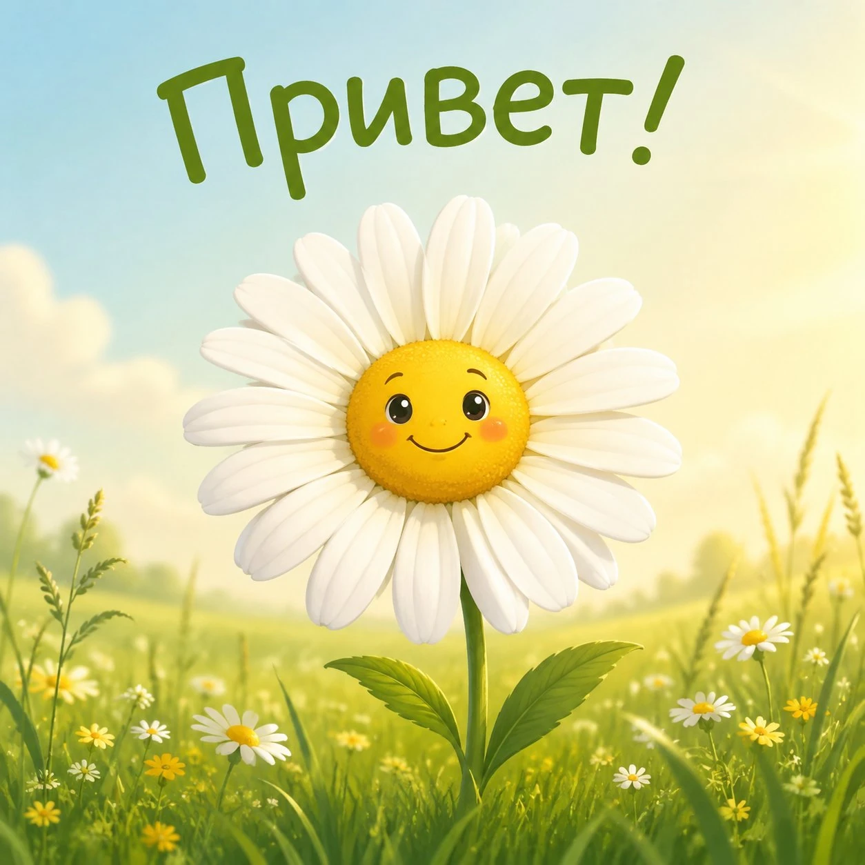 Смешная открытка с ромашкой и приветствием