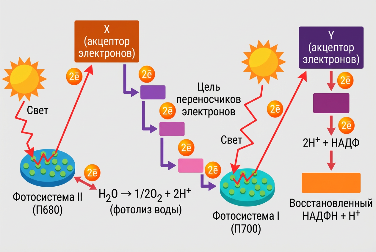 Как выглядит процесс фотосинтеза с участием фотосистем