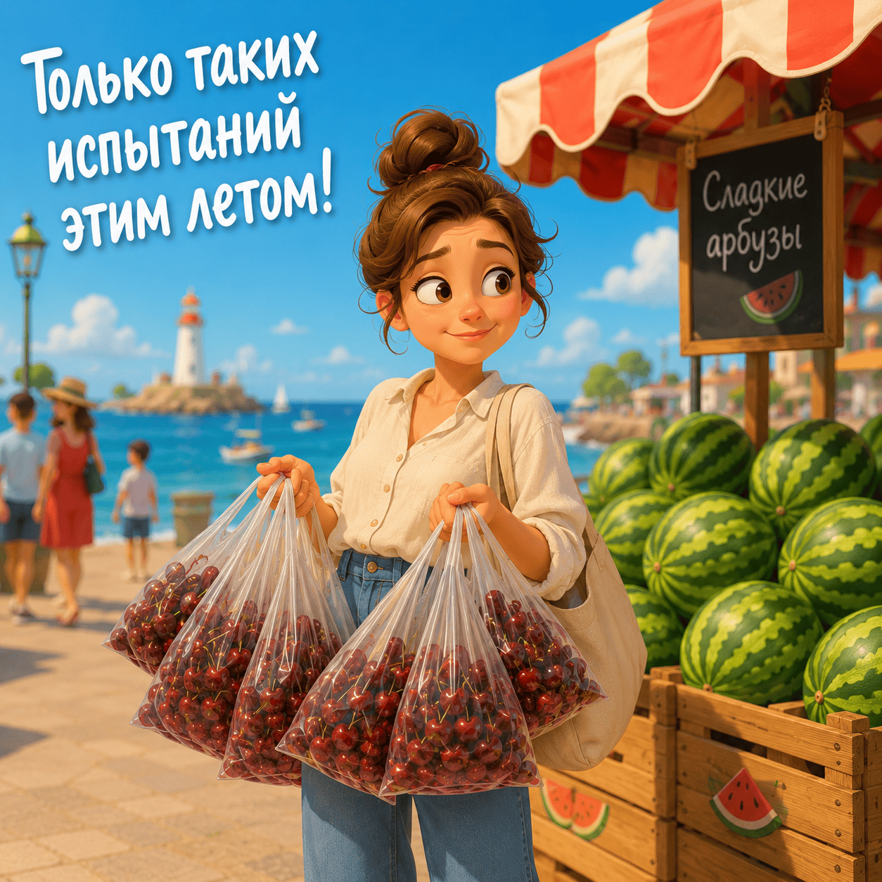 Прикольная открытка с девушкой и арбузами, с надписью «Только таких испытаний этим летом!»