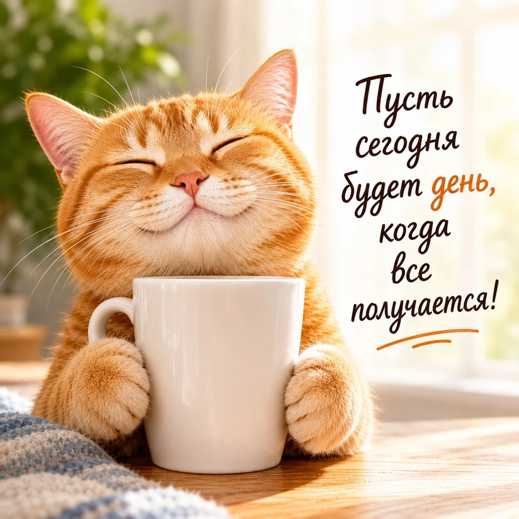Прикольная открытка для поднятия настроения с котом с кружкой