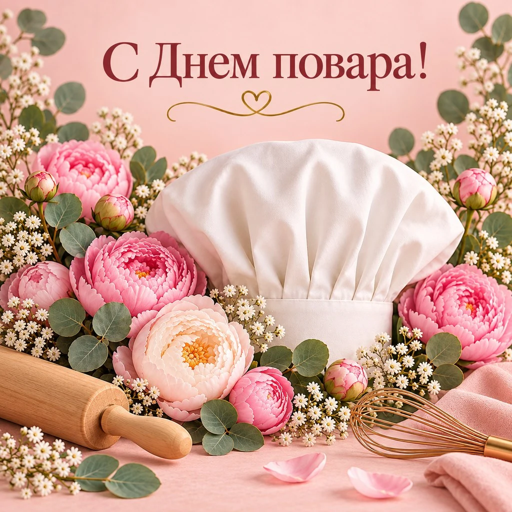 Яркая открытка ко Дню повара женщине с цветами
