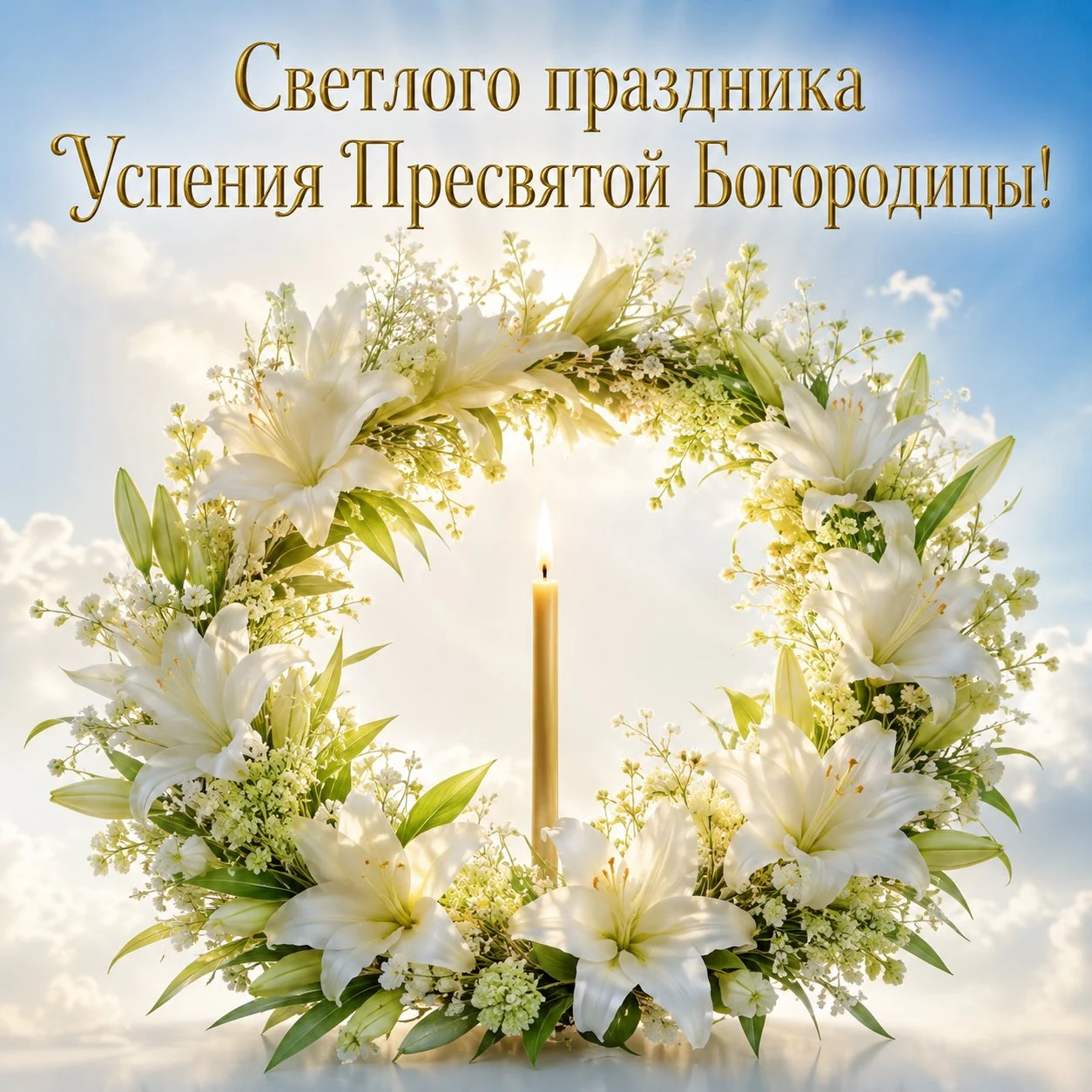 Красивая открытка с надписью «Светлого праздника Успения Пресвятой Богородицы!»