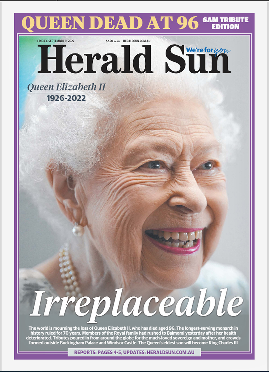 9 сентября Herald Sun подписала фото Елизаветы II на обложке одним словом&nbsp;&mdash; &laquo;незаменимая&raquo;