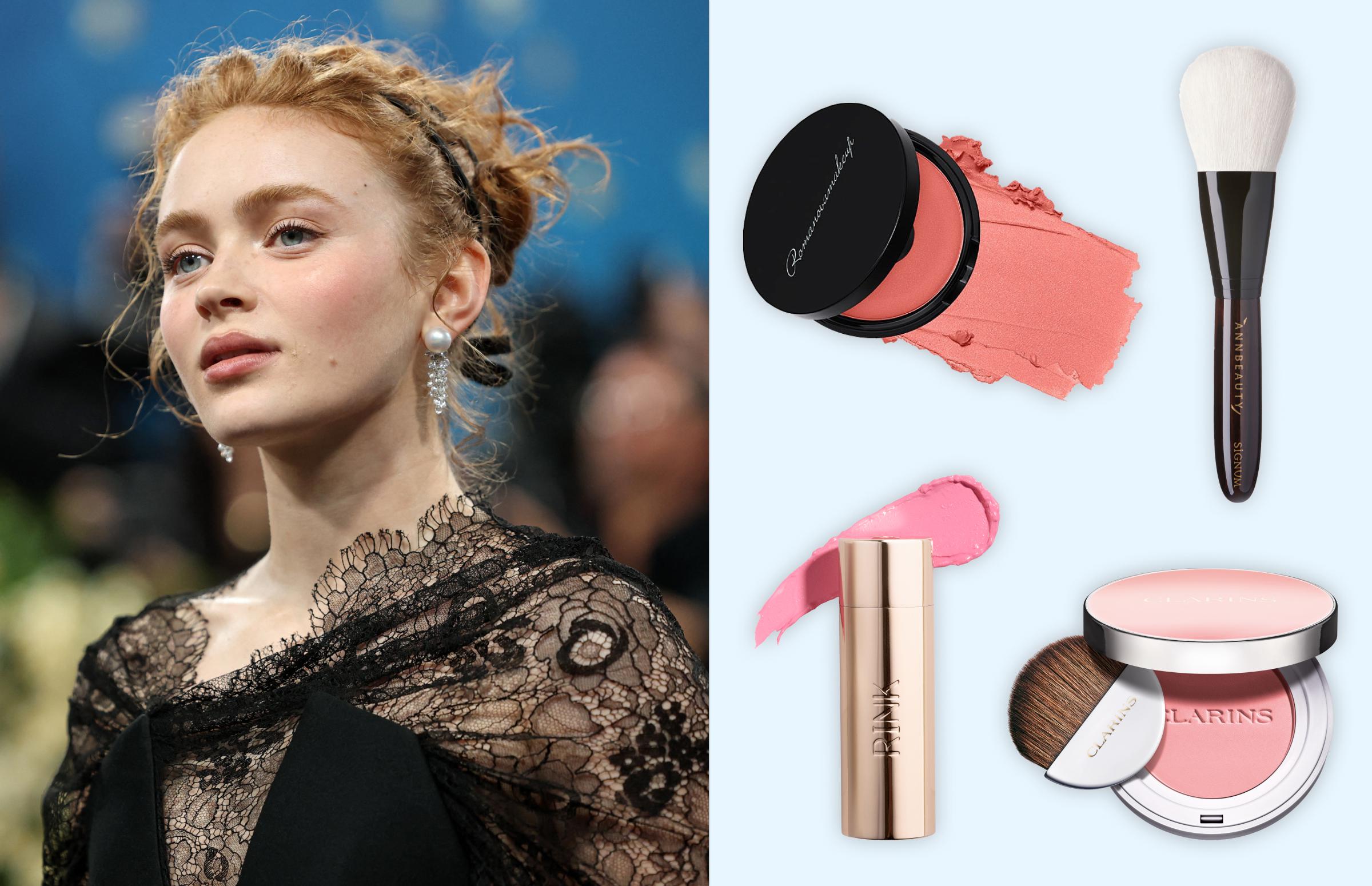 Слева: Сэди Синк. Справа: кремовые румяна Sexy Cream Blusher, оттенок Good girl, Romanovamakeup, 3700 руб. (romanovamakeup.com); кисть Signum Bronze с ворсом белоснежной козы ручка из эбенового дерева, Annbeauty, 16 900 руб. (annbeautystore.ru); кремовые румяна, оттенок Lychee, Rink, 4900 руб. (rinkbeauty.com); компактные румяна для лица, оттенок 01 cheeky baby, Clarins, 3145 руб. («Рив Гош»)