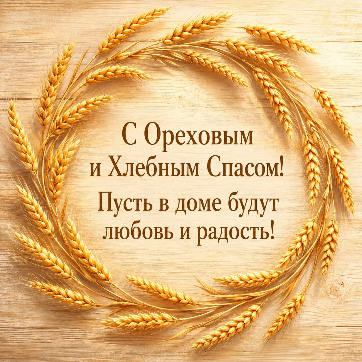 Открытка к Ореховому и Хлебному Спасу с венком из пшеничных колосьев