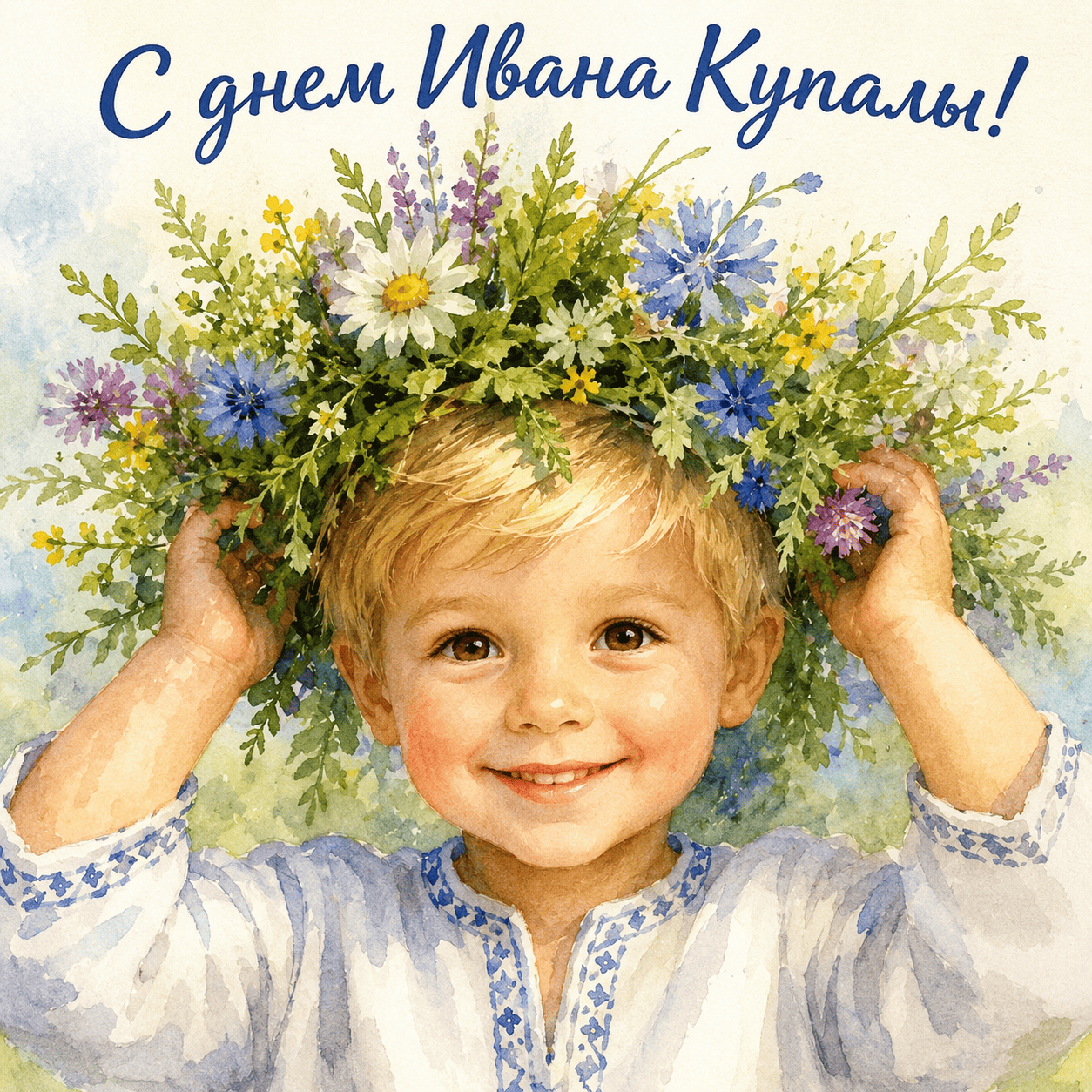 Открытка с ребенком в цветочном венке и надписью «С днем Ивана Купалы!»