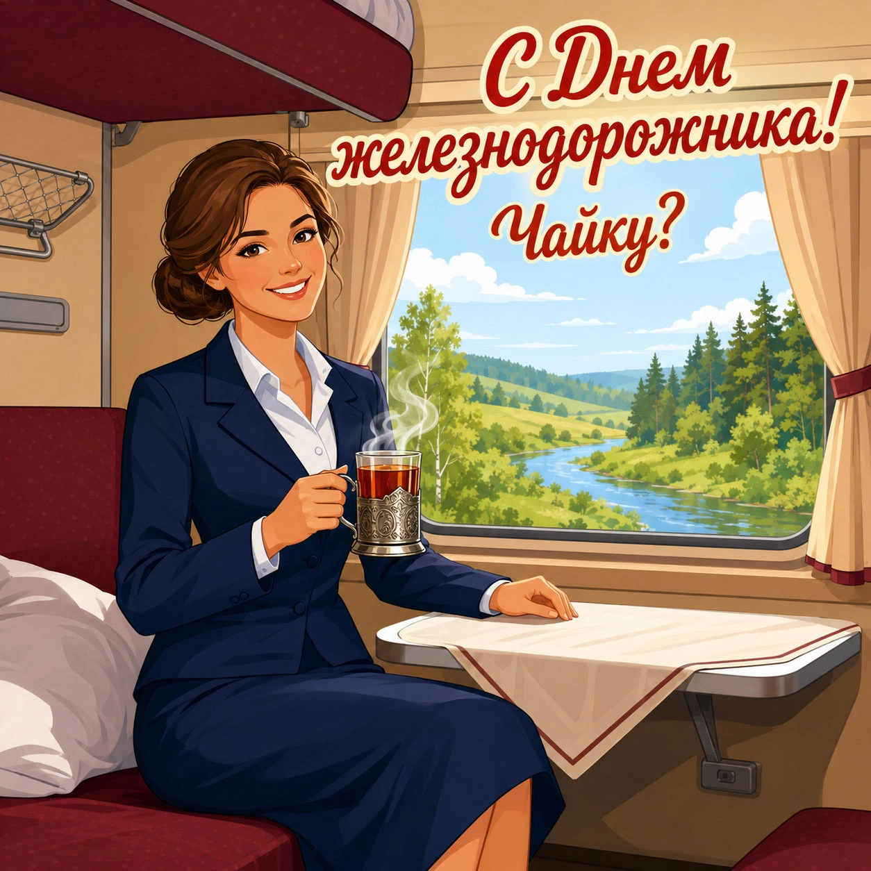 Прикольная открытка ко Дню железнодорожника с проводницей