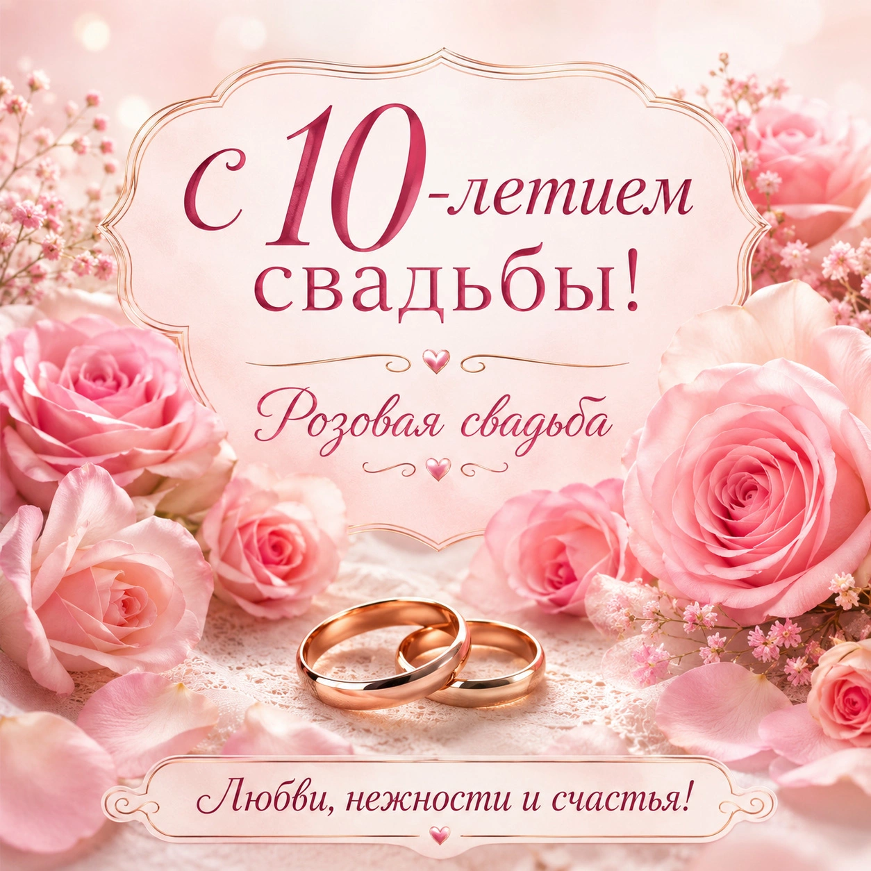Открытка с 10-летием свадьбы и пожеланием счастья