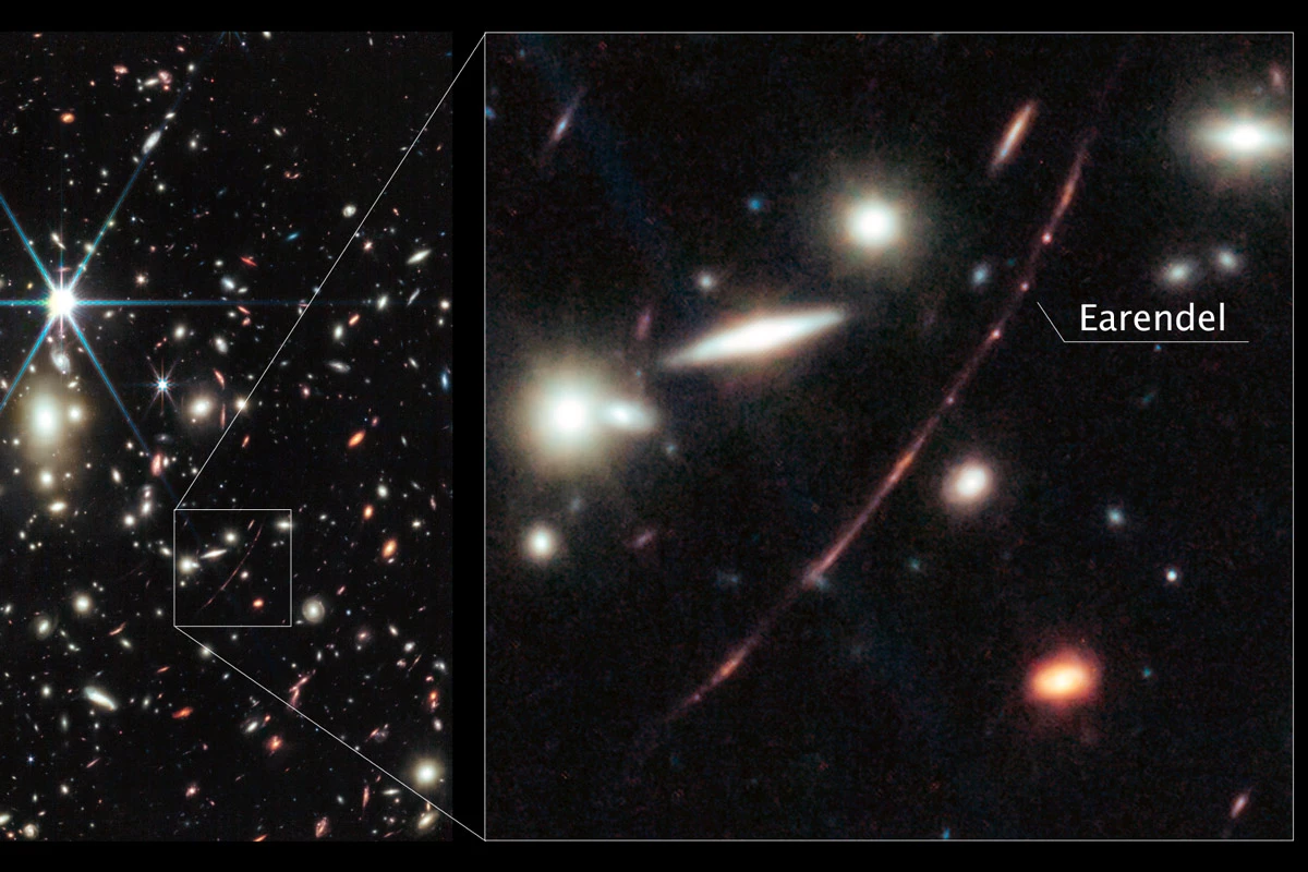 <p>Самую древнюю звезду Эрендель можно разглядеть за складкой в пространстве-времени, созданной скоплением галактик WHL0137-08</p>