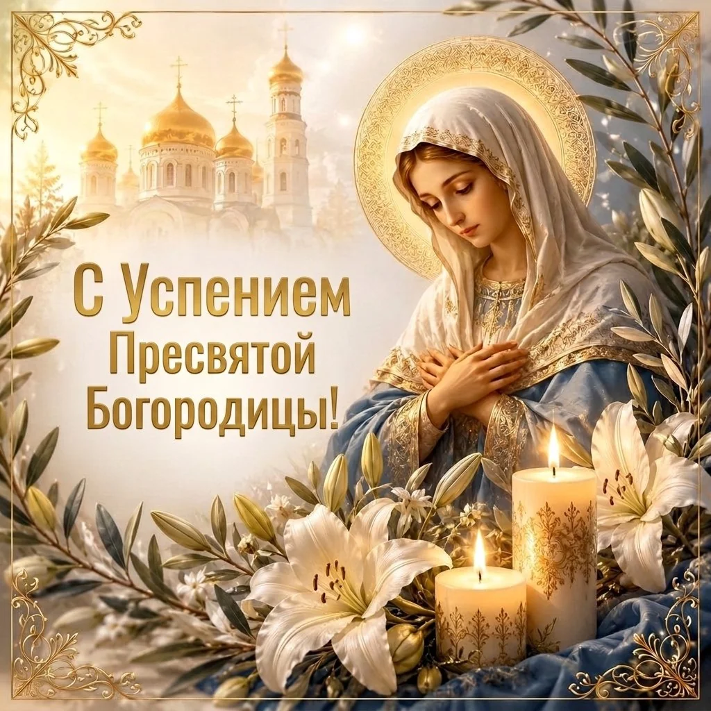 Красивая православная открытка с праздником Успения Пресвятой Богородицы