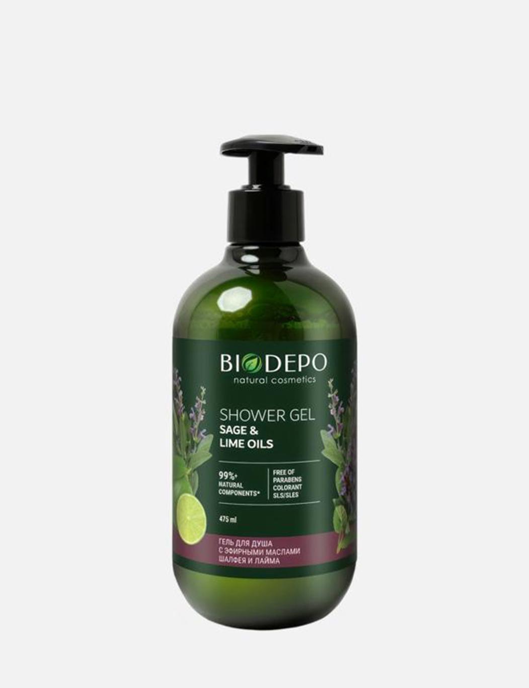 Гель для душа с эфирными маслами шалфея и лайма Shower Gel With Sage And Lime Essential Oils, Biodepo