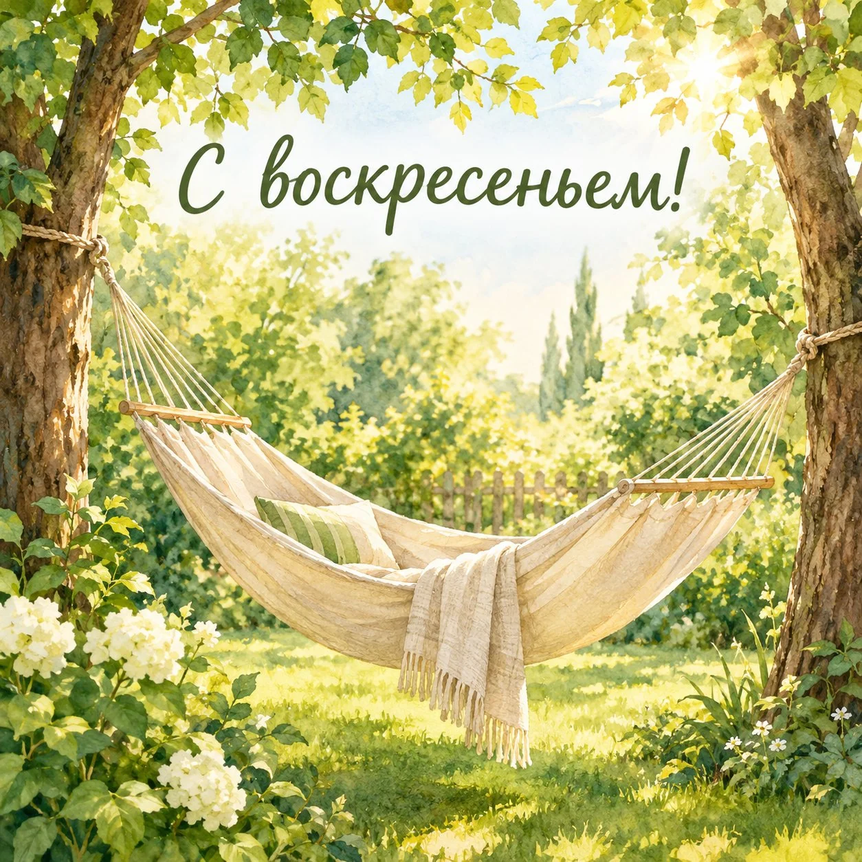 Акварельная открытка с воскресеньем и гамаком в саду