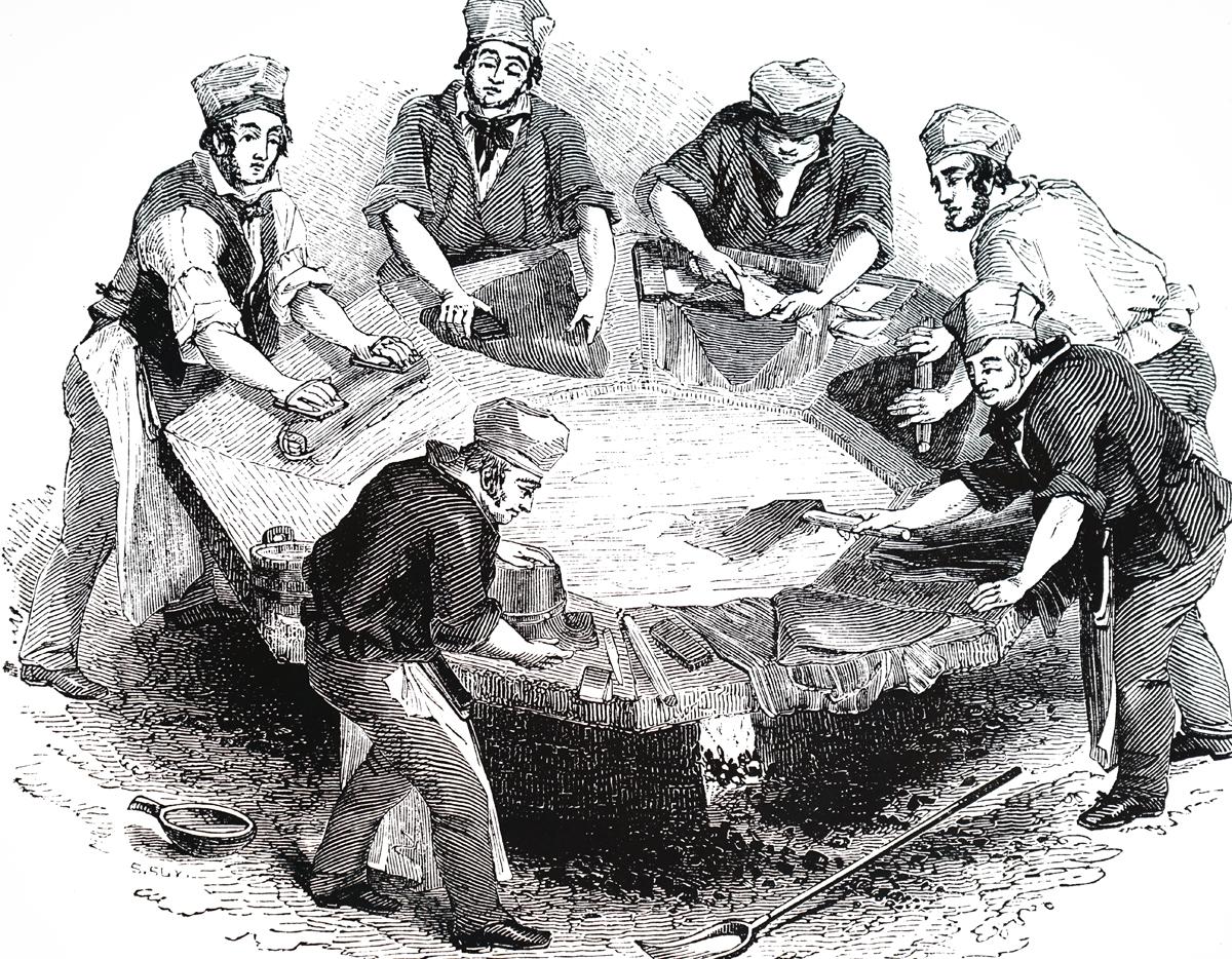 Гравюра, изображающая изготовление фетровых шляп. При изготовлении использовалась ртуть, и многие шляпники страдали от неконтролируемой тряски, характерной для отравления ртутью. XIX в.