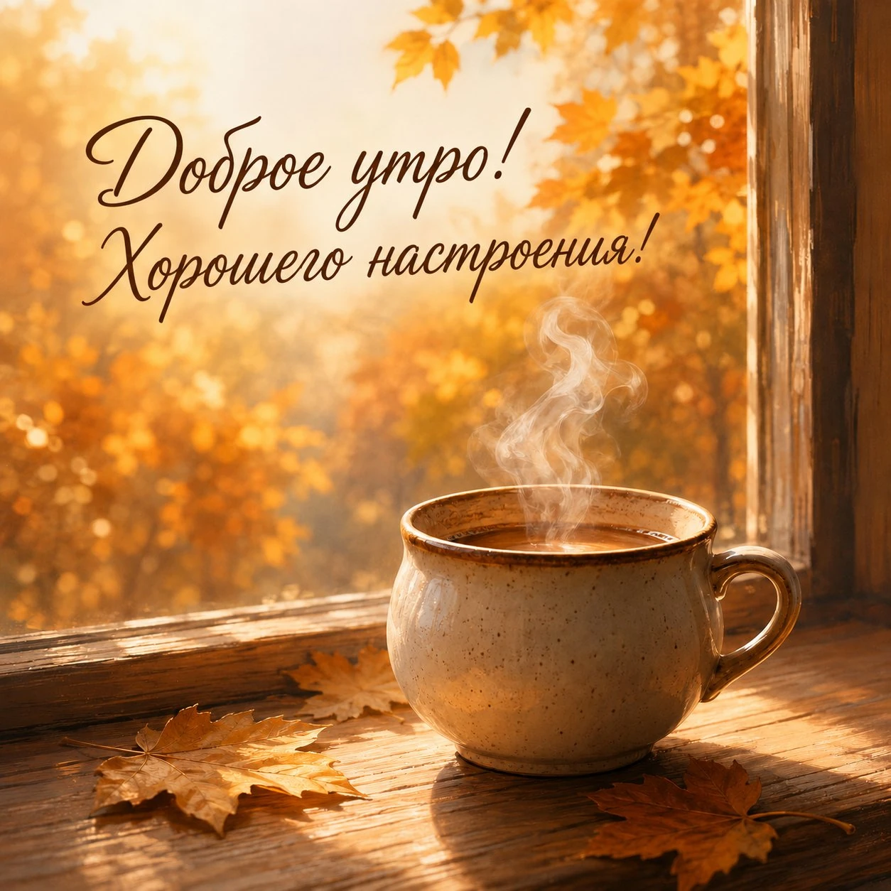 Осенняя открытка с добрым утром с чашкой кофе