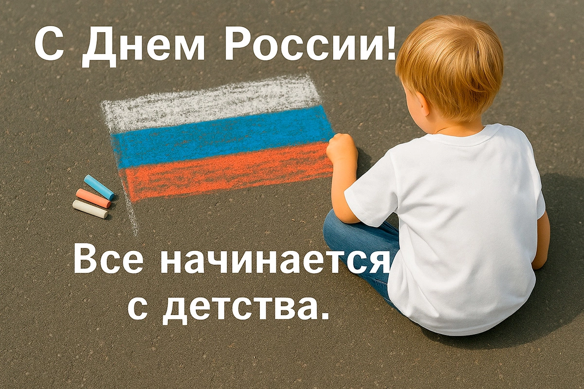 Открытка с изображением светловолосого мальчика, рисующего флаг России