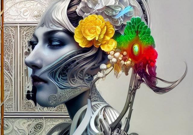 Органический киборг, белый голографический пластик, фэнтези, замысловатый, элегантный, высокодетализированный, искусство Джона Кольера и Альбера Обле