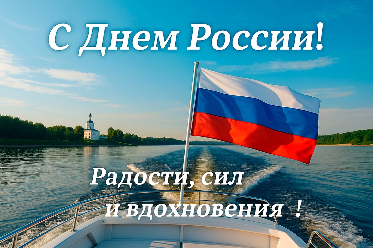 Праздничная открытка с Днем России с изображением катера на реке