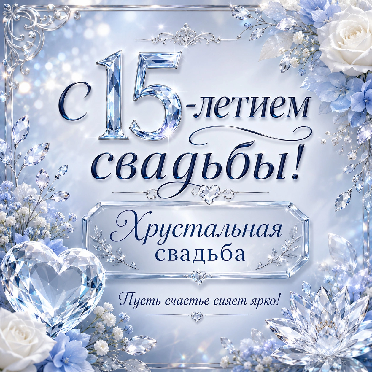 Открытка с хрустальной свадьбой и пожеланием «Пусть счастье сияет ярко!»