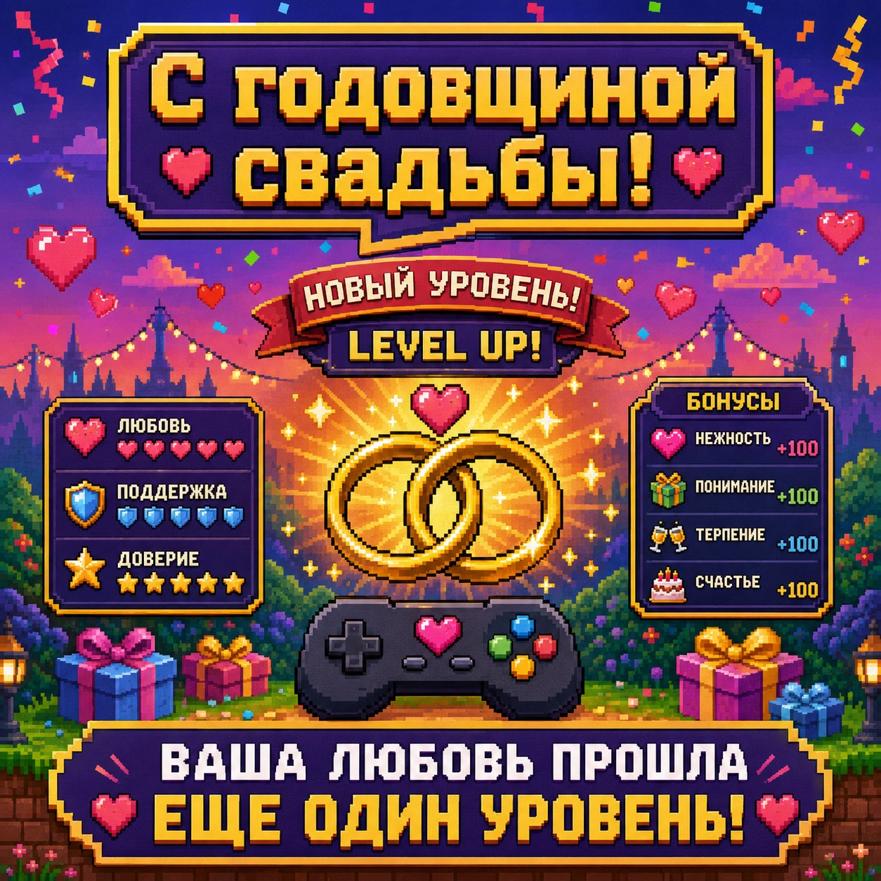 Открытка с годовщиной свадьбы в стиле компьютерной игры