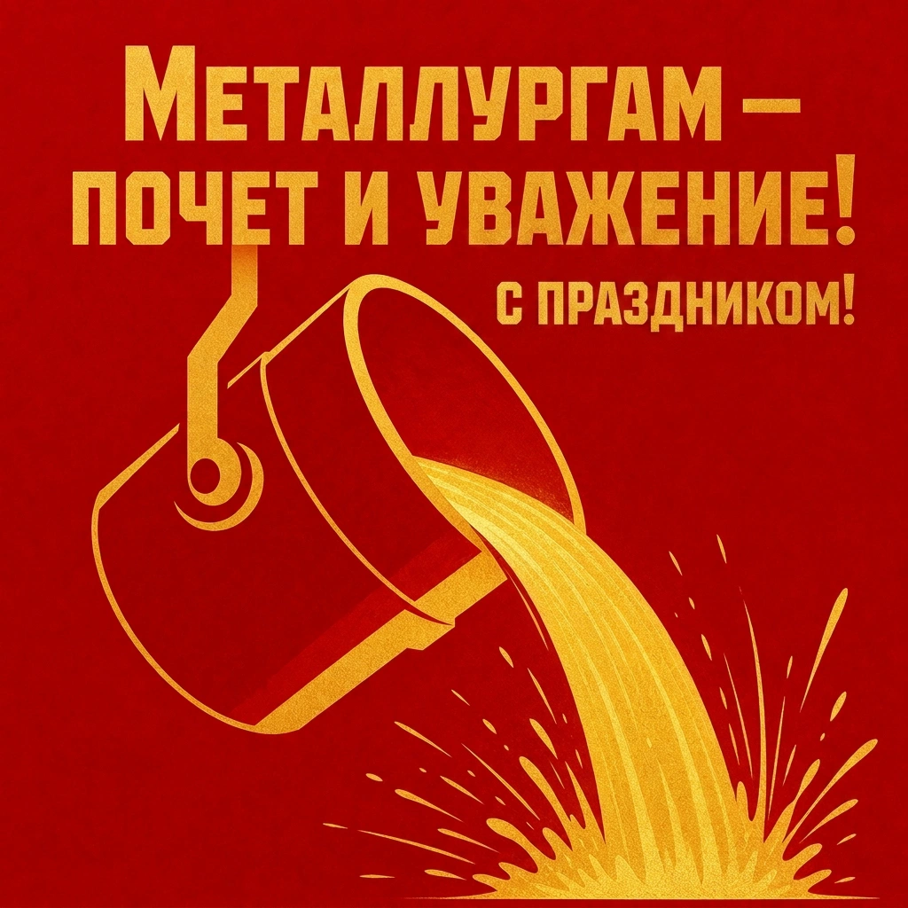 Открытка ко Дню металлурга с надписью «Металлургам — почет и уважение! С праздником!»