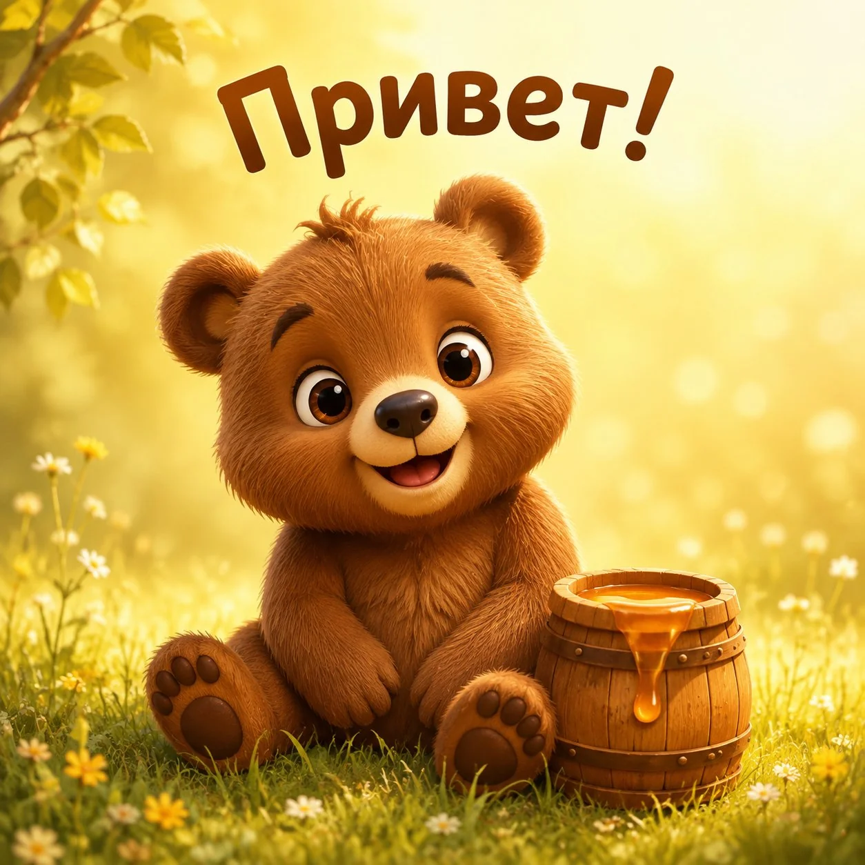 Открытка с медвежонком с надписью «Привет!»